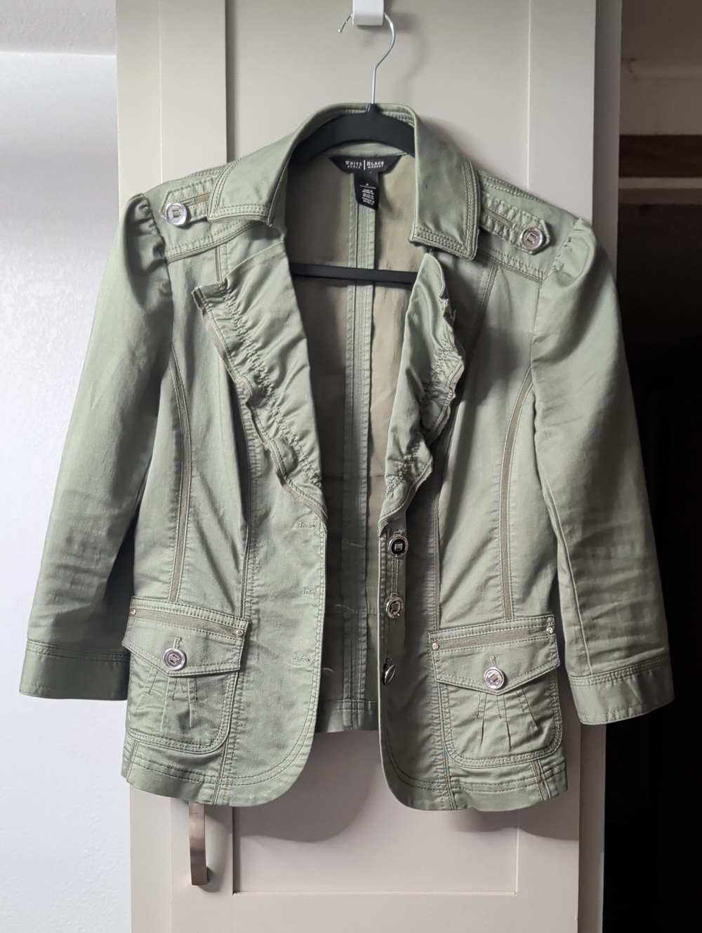 White House Black Market Sage Green Ruffle-Trim Utility Blazer